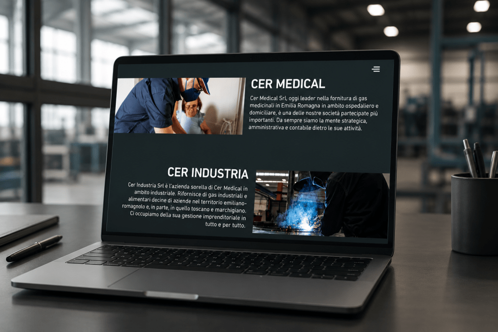 Mockup del sito Gruppo Cer visualizzato su desktop all’interno di un ambiente industriale contemporaneo, con interfaccia corporate pulita e professionale.