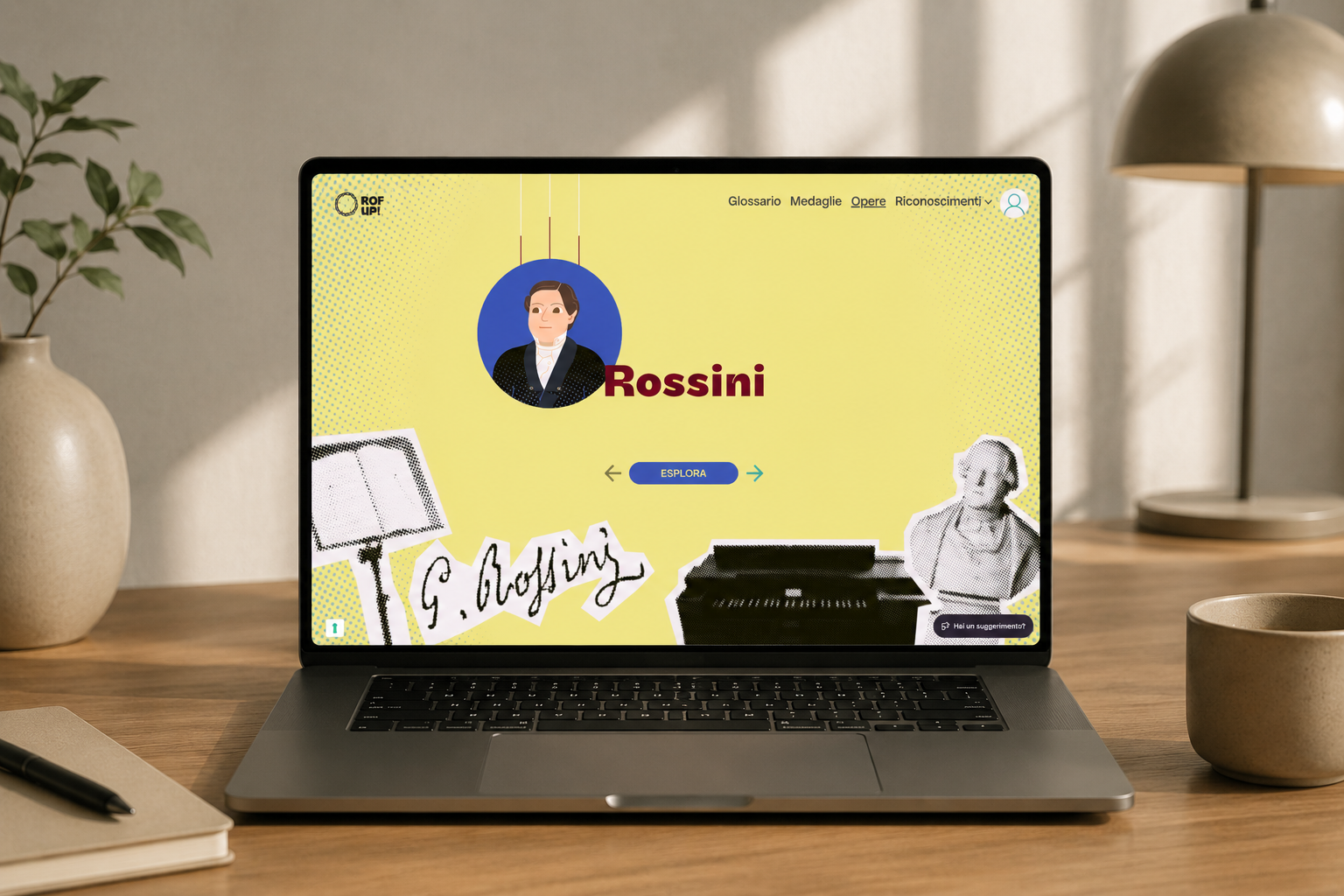 Mockup della piattaforma ROF UP! visualizzata su laptop in un ambiente domestico minimal, con schermata dedicata a Rossini e interfaccia illustrata del progetto educativo del Rossini Opera Festival.