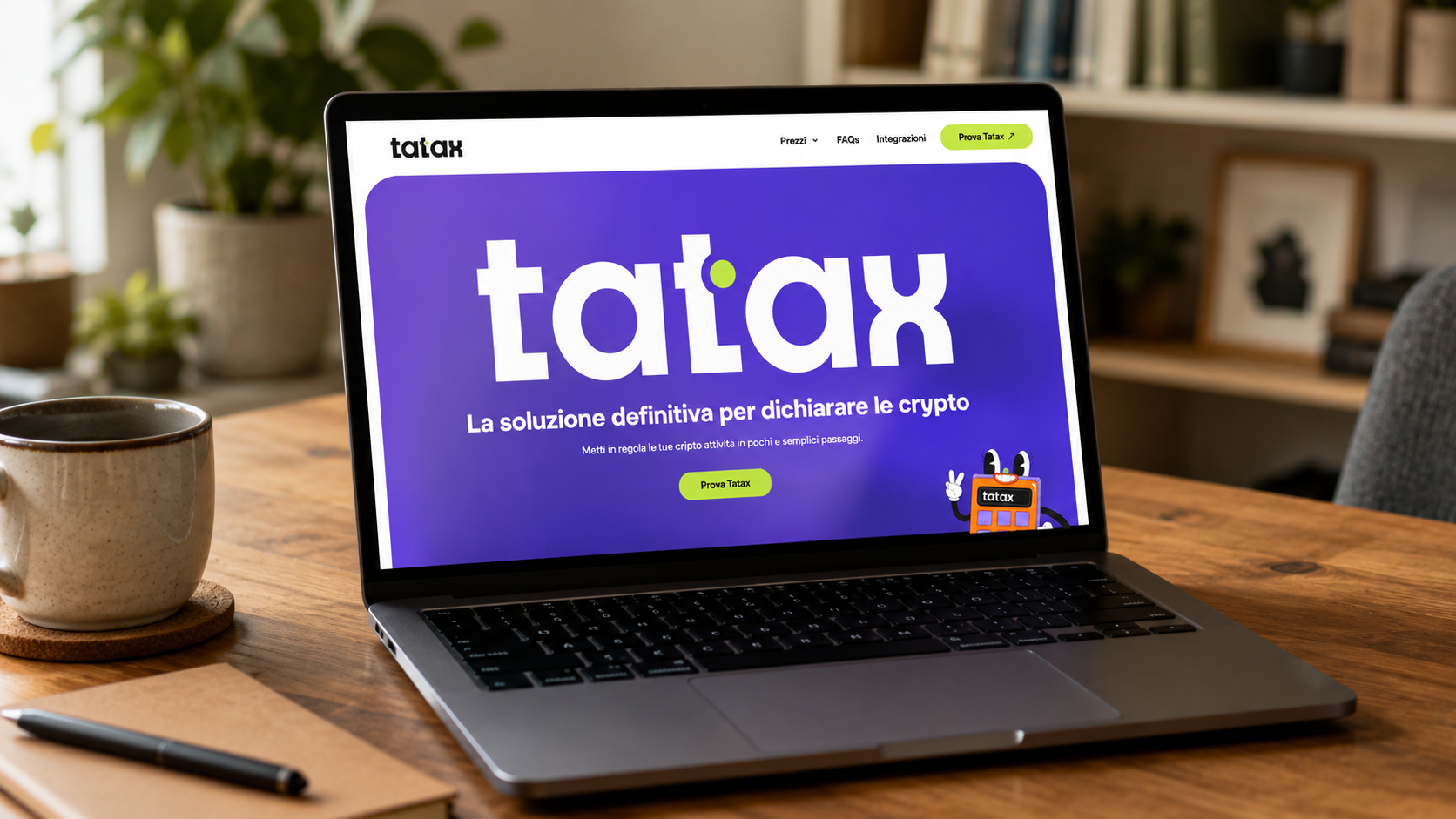 Mockup di un MacBook portatile con la landing page di Tatax visualizzata in un ambiente domestico minimal contemporaneo.