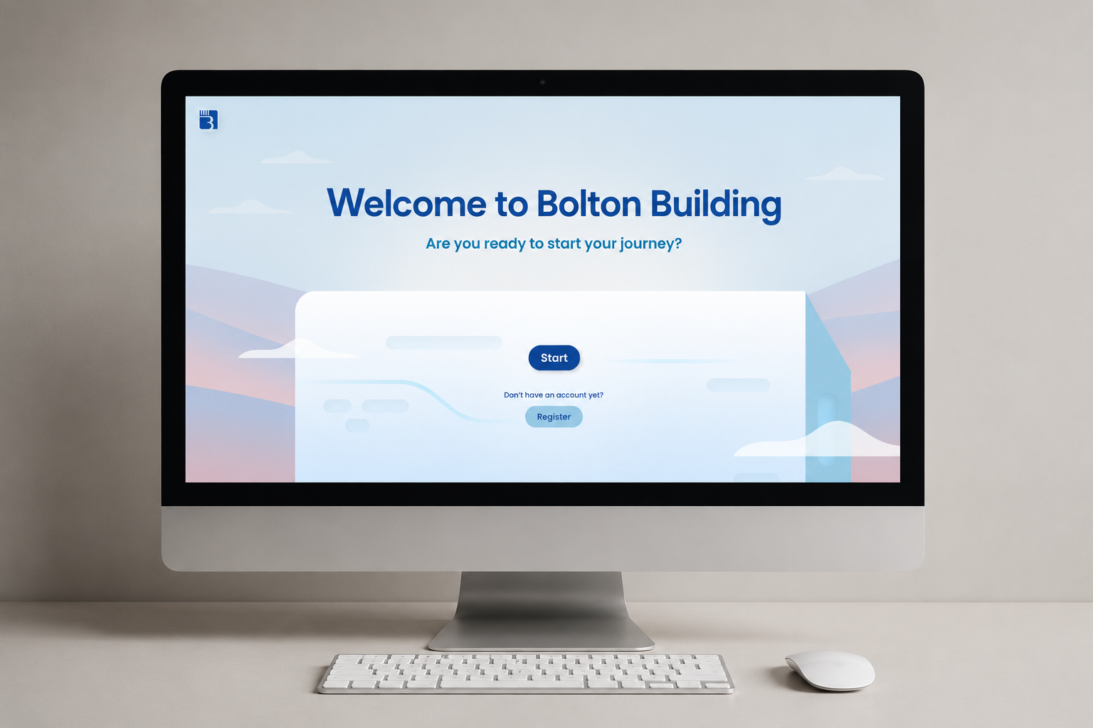 Mockup desktop della piattaforma The Bolton Building visualizzata su monitor in un ambiente minimal contemporaneo.