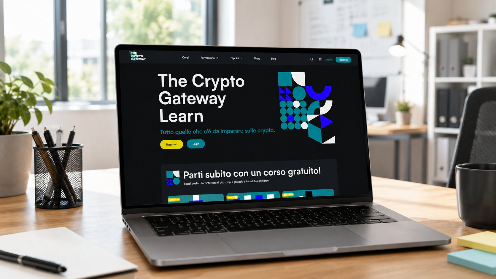Mockup desktop della piattaforma The Crypto Gateway Learn visualizzata su laptop in un ufficio luminoso e contemporaneo.